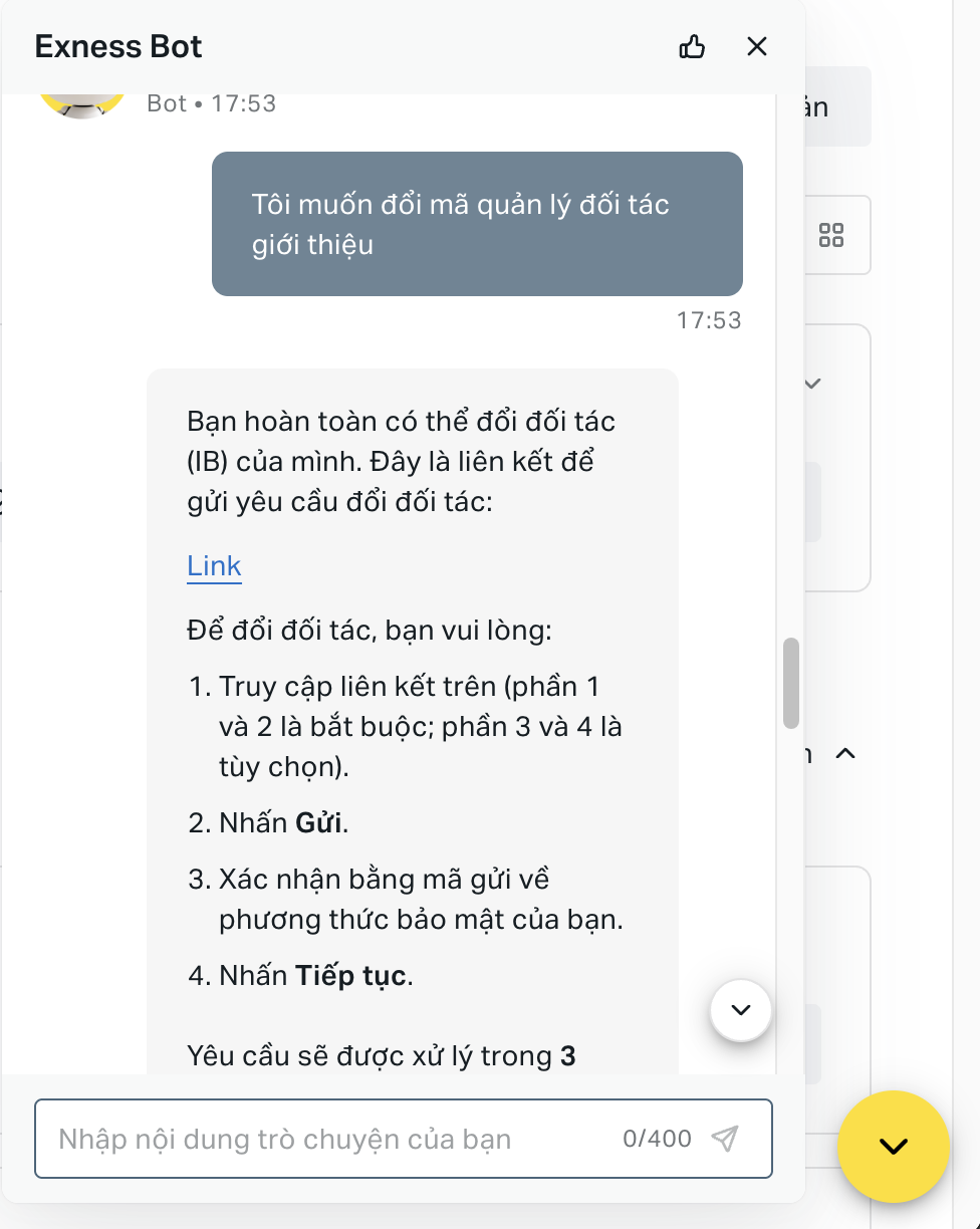 Minh họa bước 1: mở chat trực tuyến Exness Bot để yêu cầu đổi đối tác