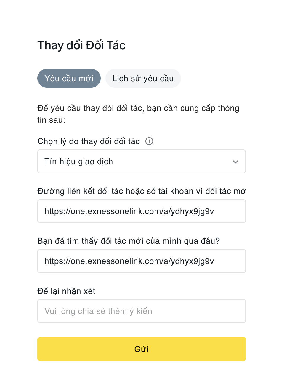 Minh họa bước 4: điền biểu mẫu thay đổi đối tác trong Exness